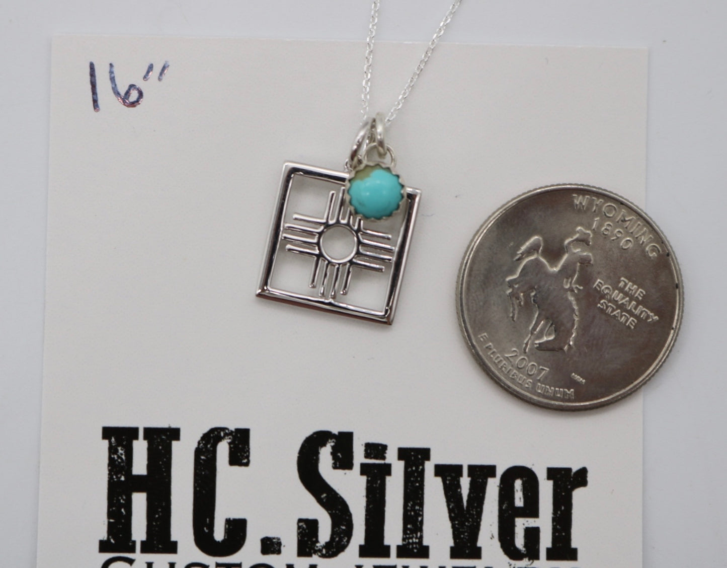 Small Square Zia and Turquoise Charm Necklace